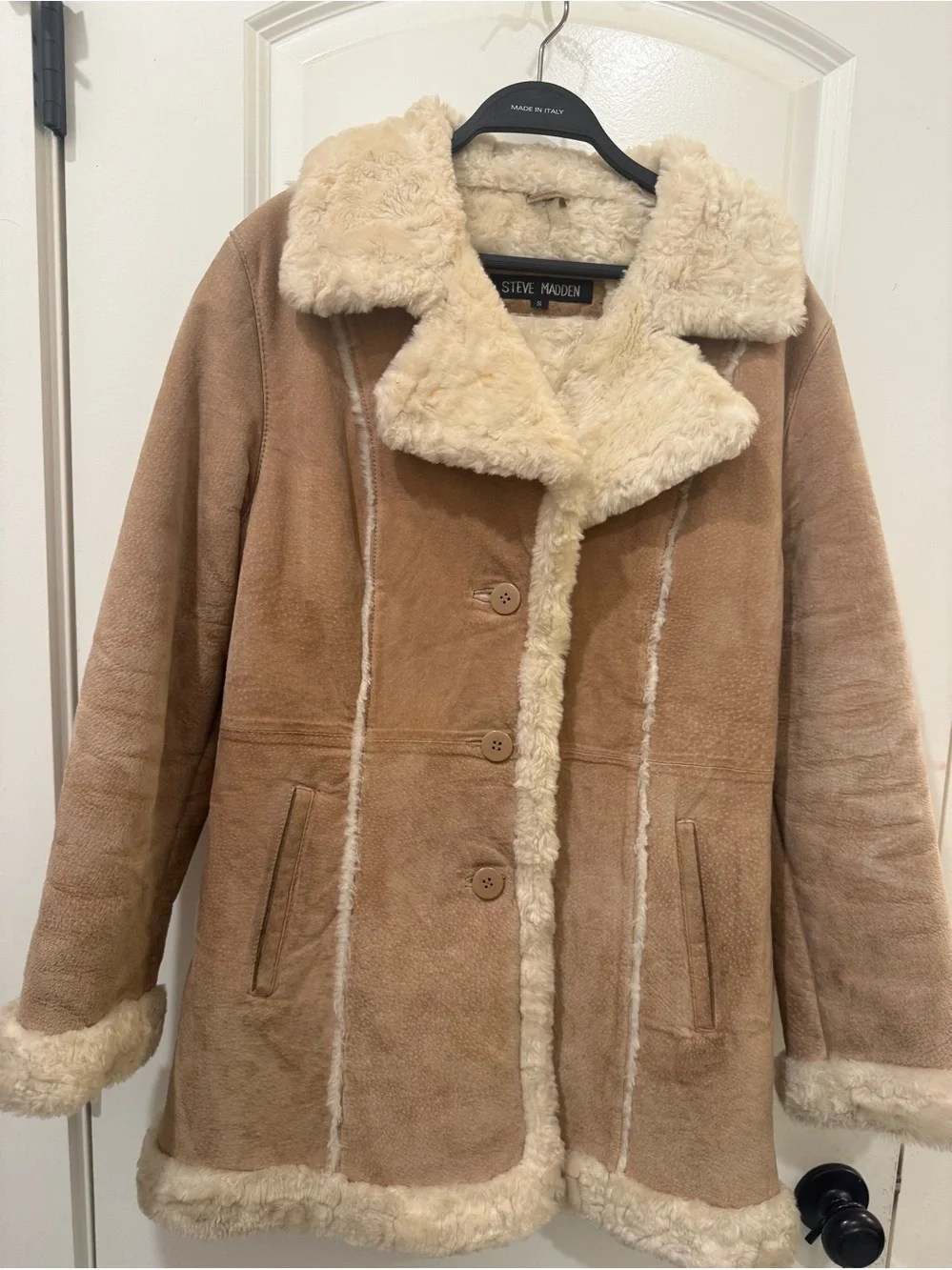 Vintage Steve Madden Genuine Leather Shearling Coat Tan Small